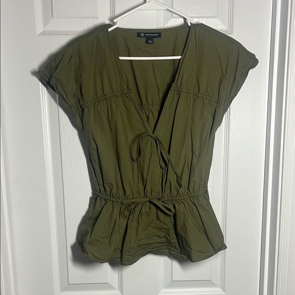INC Green Wrap Tie Front Peplum Blouse